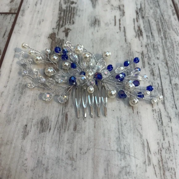 Blue Crystal & Pearl Bridal Hair Comb - Picture 9 of 16